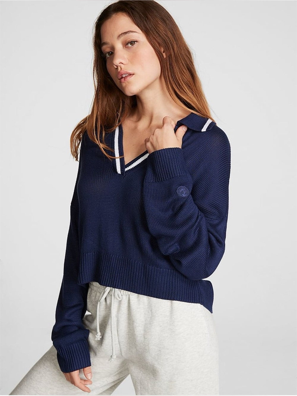 PINK Victoria's Secret Navy Blue V-Neck Collar Cropped Sweater Pullover XXL NWT